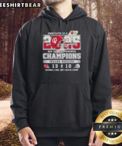 Premium 2025 Undefeated 13-0 Big Ten Conference Champions Indiana Hoosiers football helmet hoodie displayed on a hanger.