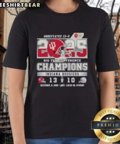 Alt Text: Premium 2025 Undefeated 13-0 Big Ten Champions Indiana Hoosiers football helmet on a ladies tee shirt.