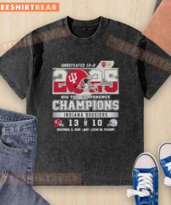 Alt Text: Premium Indiana Hoosiers Football Helmet washed t-shirt, celebrating the 2025 Undefeated 13-0 Big Ten Conference Champions.