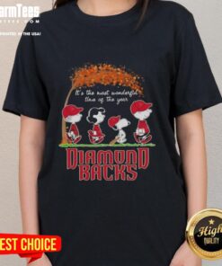 Premium Arizona Diamondbacks X Peanuts Snoopy and Friends autumn tee for women, celebrating 'It's The Most Wonderful Time'.