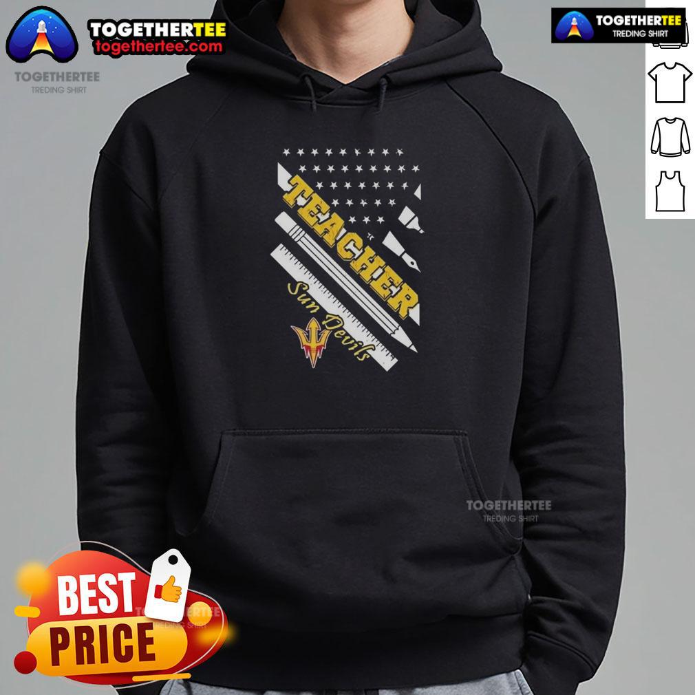 Premium Arizona State Sun Devils X Teacher American Flag Hoodie Alt Text: Premium Arizona State Sun Devils X Teacher hoodie featuring an American flag design for stylish school spirit.