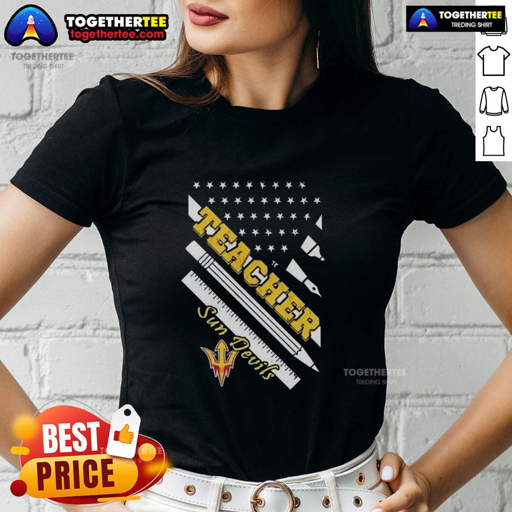 Premium Arizona State Sun Devils X Teacher American Flag Ladies Tee Premium Arizona State Sun Devils X Teacher American Flag Ladies Tee showcasing school spirit and style.