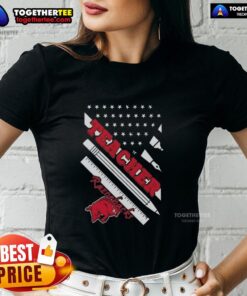 Premium Arkansas Razorbacks X Teacher American Flag Ladies Tee featuring a stylish design for fans and educators.