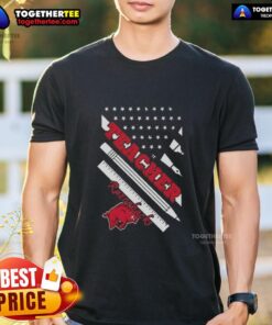 Premium Arkansas Razorbacks X Teacher American Flag T-Shirt featuring vibrant design, perfect for fans and educators.