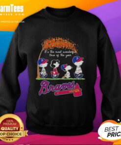 Premium Atlanta Braves X Peanuts Snoopy sweatshirt for autumn, featuring 'It's The Most Wonderful Time Of The Year' design.