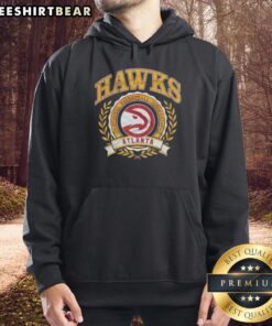 Alt Text: Premium Atlanta Hawks NBA logo hoodie featuring a laurel wreath frame in a retro design.