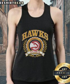 Premium Atlanta Hawks NBA logo in laurel wreath frame on a retro tank top design for basketball fans.