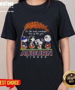 Alt Text: Premium Auburn Tigers X Peanuts Snoopy and Friends autumn tee for ladies, perfect for celebrating the season.