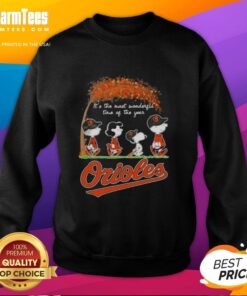Alt Text: Premium Baltimore Orioles X Peanuts sweatshirt featuring Snoopy and friends, perfect for autumn celebrations.