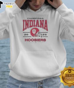 Premium Big Ten Champs Indiana Hoosiers hoodie displayed at Lucas Oil Stadium, December 2025, celebrating team pride.