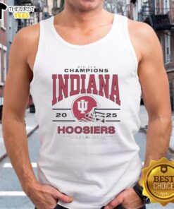 Premium Big Ten Champs Indiana Hoosiers tank top displayed at Lucas Oil Stadium, December 2025.