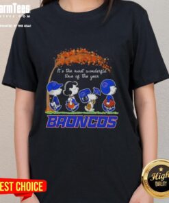 Alt Text: Premium Boise State Broncos X Peanuts Snoopy autumn tee for women, celebrating 'It's the Most Wonderful Time of the Year'.