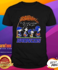 Premium Boise State Broncos X Peanuts Snoopy T-Shirt for autumn, celebrating 'It's the Most Wonderful Time of the Year.'