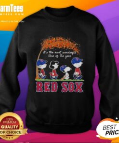 Alt Text: Cozy Premium Boston Red Sox sweatshirt featuring Snoopy and friends, perfect for autumn celebrations and sports fans.