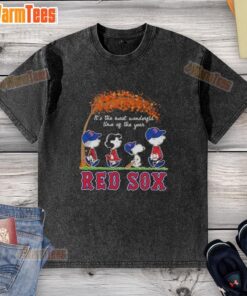 Alt Text: Premium Boston Red Sox X Peanuts Snoopy and Friends autumn t-shirt, perfect for the most wonderful time of the year.