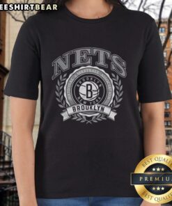 Premium Brooklyn Nets NBA logo with laurel wreath frame on a retro ladies tee, perfect for basketball fans.