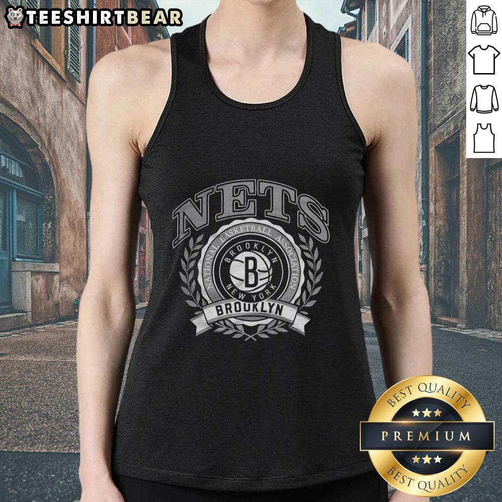 premium-brooklyn-nets-national-basketball-association-logo-laurel-wreath-frame-retro-tank-top Premium Brooklyn Nets NBA logo with laurel wreath frame on a retro tank top design for basketball fans.