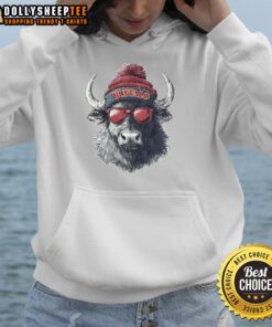 Alt Text: Premium Buffalo Bills mascot sporting a beanie and sunglasses while wearing a hoodie, perfect for fans and collectors.