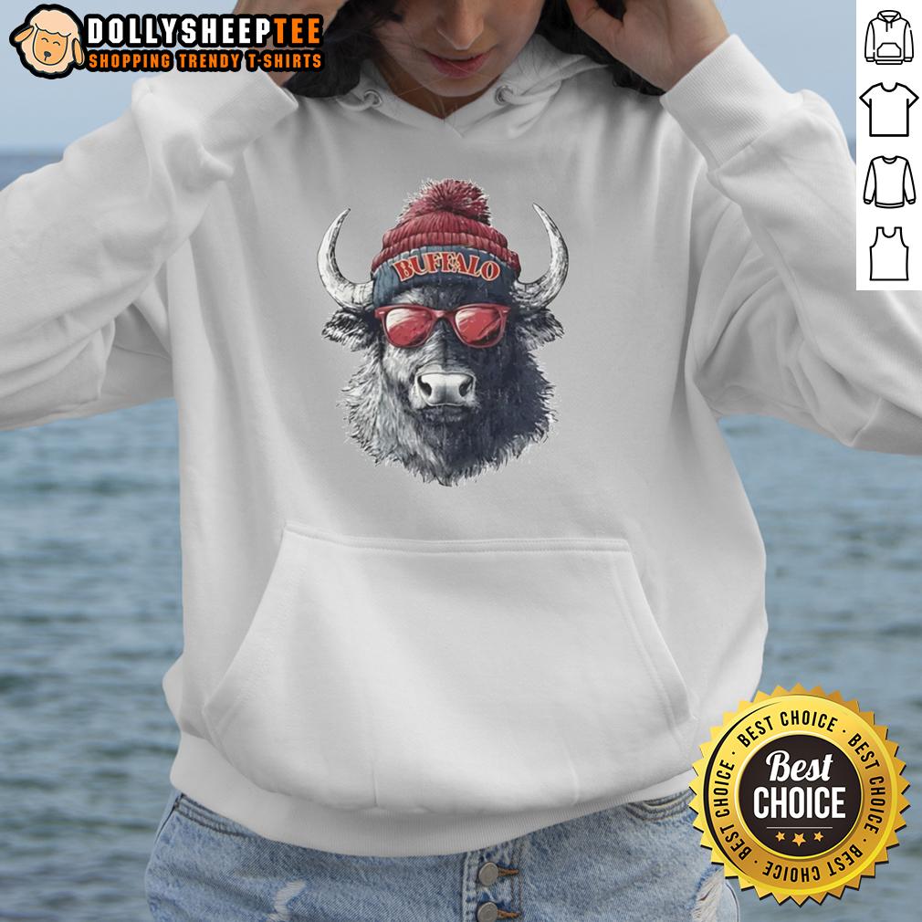 Premium Buffalo Bills Mascot Wearing A Beanie And Sunglasses Hoodie Alt Text: Premium Buffalo Bills mascot sporting a beanie and sunglasses while wearing a hoodie, perfect for fans and collectors.