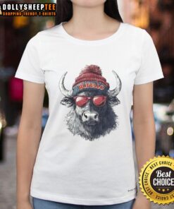 Premium Buffalo Bills mascot wearing a beanie and sunglasses on a ladies tee, perfect for game day style.