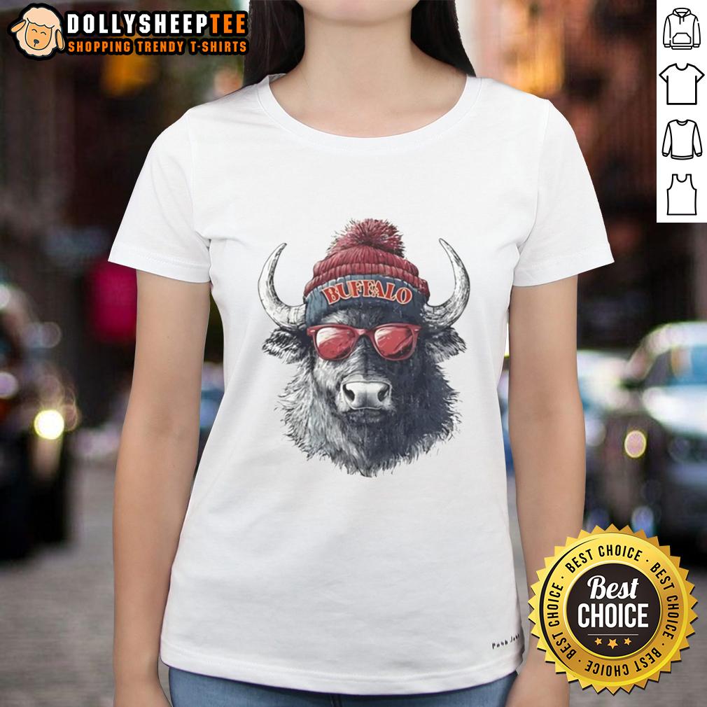 Premium Buffalo Bills Mascot Wearing A Beanie And Sunglasses Ladies Tee Premium Buffalo Bills mascot wearing a beanie and sunglasses on a ladies tee, perfect for game day style.