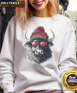 Premium Buffalo Bills mascot in a beanie and sunglasses, showcasing team spirit in a stylish sweatshirt.