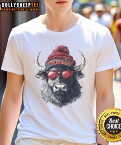 Alt Text: Premium Buffalo Bills mascot in a beanie and sunglasses on a stylish T-shirt, perfect for fans and game day.