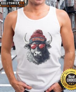 Alt Text: Premium Buffalo Bills mascot sporting a beanie and sunglasses, wearing a tank top, ready for game day fun.