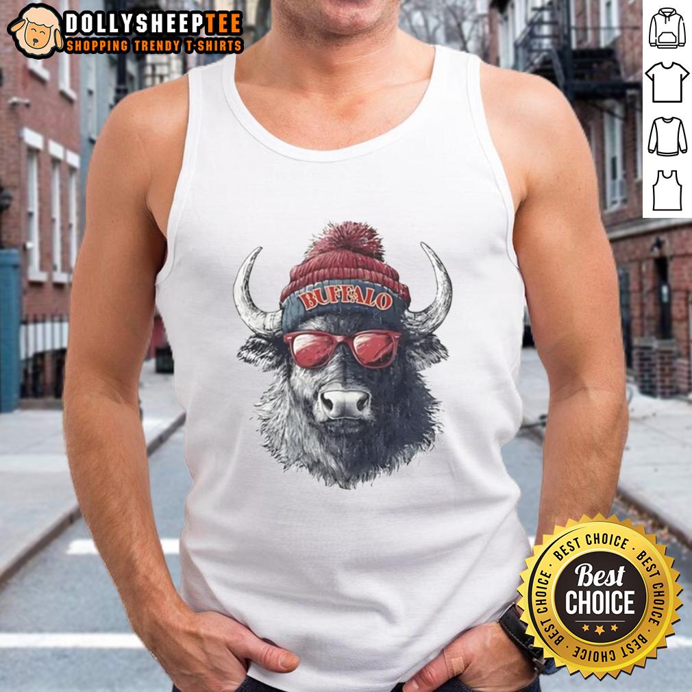 Premium Buffalo Bills Mascot Wearing A Beanie And Sunglasses Tank Top Alt Text: Premium Buffalo Bills mascot sporting a beanie and sunglasses, wearing a tank top, ready for game day fun.