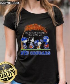 Alt Text: Premium BYU Cougars X Peanuts Snoopy and Friends autumn ladies tee celebrating the most wonderful time of the year.