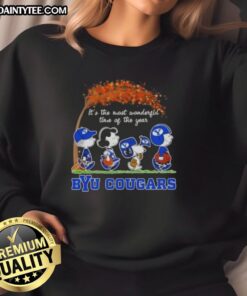 Alt Text: Premium BYU Cougars X Peanuts Snoopy and Friends sweatshirt celebrating autumn as It's The Most Wonderful Time of The Year.
