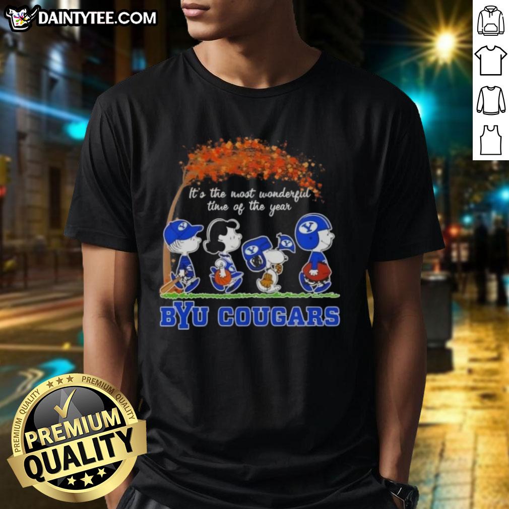 premium-byu-cougars-x-peanuts-snoopy-and-friends-autumn-its-the-most-wonderful-time-of-the-year-t-shirt Alt Text: Premium BYU Cougars x Peanuts Snoopy and Friends autumn t-shirt celebrating the most wonderful time of the year.