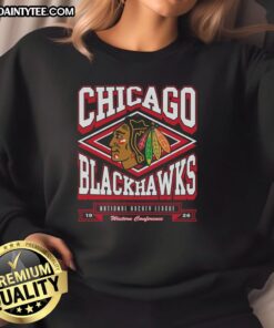 Alt Text: Premium Chicago Blackhawks heater sweatshirt featuring bold team logo and cozy design, perfect for fans.