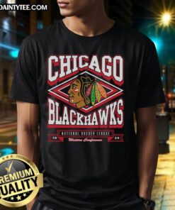 Alt Text: Premium Chicago Blackhawks Heater T-Shirt featuring bold team logo and vibrant colors, perfect for fans and game days.