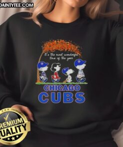 Chicago Cubs X Peanuts Snoopy sweatshirt celebrating autumn, featuring vibrant design and festive colors for the season.