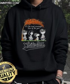Premium Chicago White Sox hoodie featuring Peanuts Snoopy and friends, perfect for autumn and the holiday season.