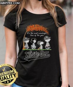 Alt Text: Premium Chicago White Sox X Peanuts Snoopy and Friends autumn ladies tee for the most wonderful time of the year.
