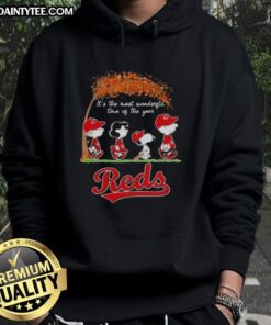 Alt Text: Premium Cincinnati Reds X Peanuts Snoopy hoodie featuring autumn design and It's The Most Wonderful Time Of The Year.