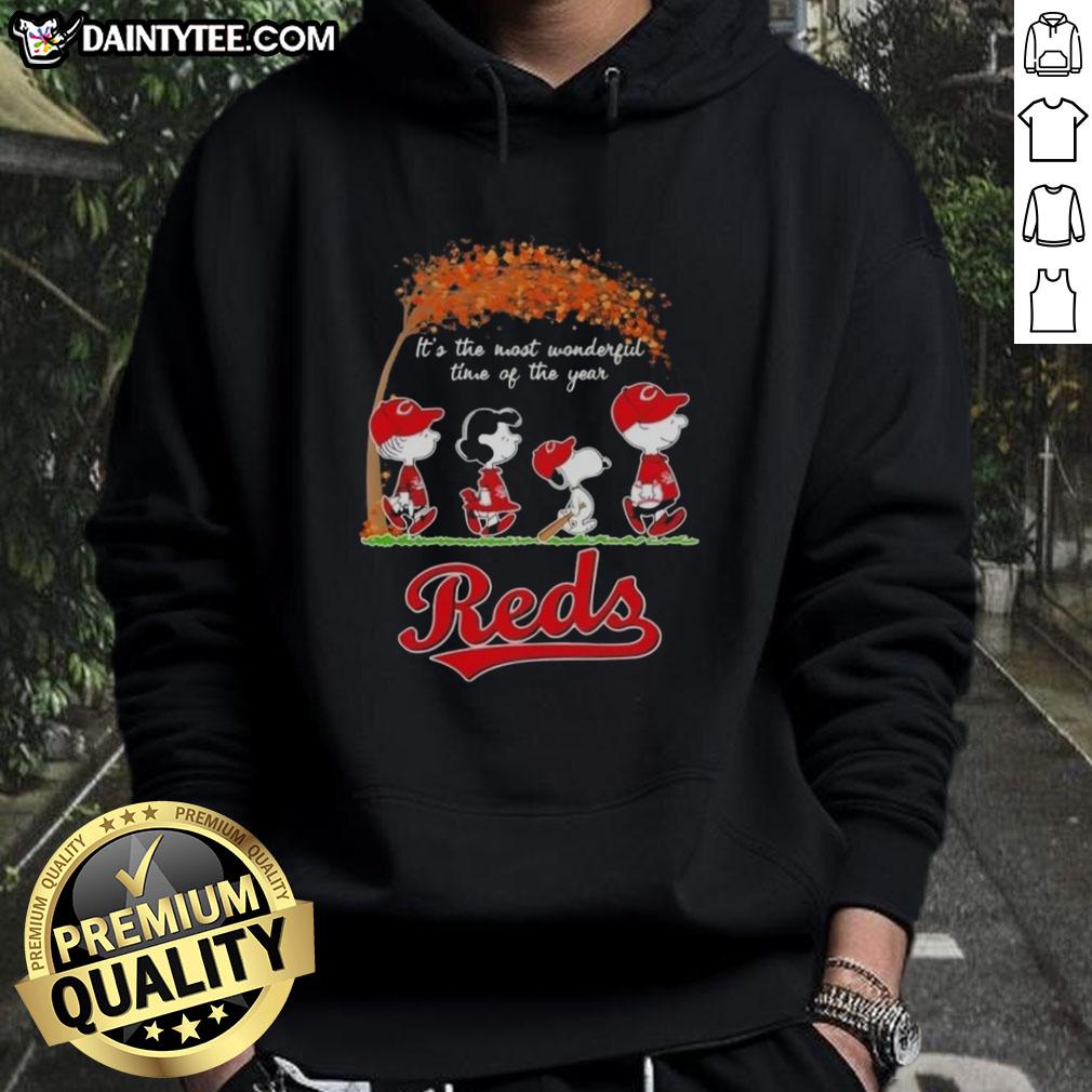 premium-cincinnati-reds-x-peanuts-snoopy-and-friends-autumn-its-the-most-wonderful-time-of-the-year-hoodie Alt Text: Premium Cincinnati Reds X Peanuts Snoopy hoodie featuring autumn design and It's The Most Wonderful Time Of The Year.