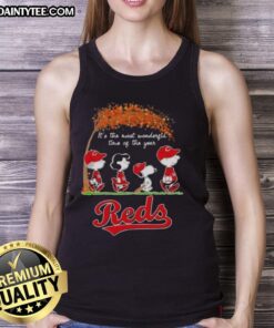 Premium Cincinnati Reds X Peanuts Snoopy and Friends tank top featuring autumn design for the most wonderful time of the year.