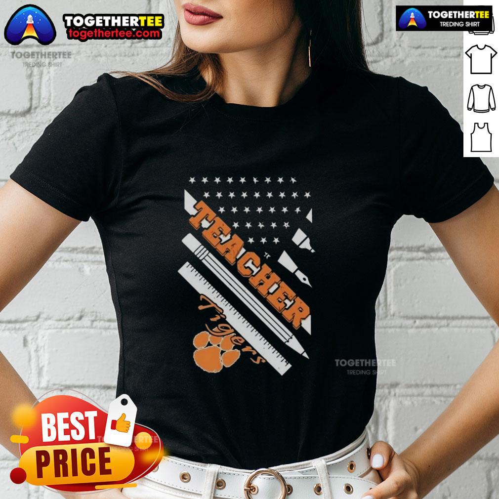 Premium Clemson Tigers X Teacher American Flag Ladies Tee Alt Text: Premium Clemson Tigers X Teacher American Flag Ladies Tee, featuring vibrant colors and a stylish design for fans.