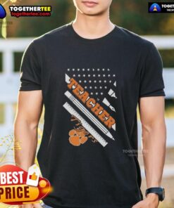 Alt Text: Premium Clemson Tigers X Teacher American Flag T-Shirt featuring vibrant colors and patriotic design for fans and educators.