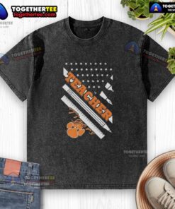 Alt Text: Premium Clemson Tigers X Teacher American Flag Washed T-Shirt featuring a stylish design perfect for game day.