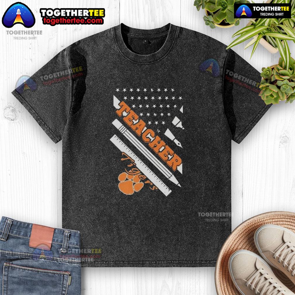 Premium Clemson Tigers X Teacher American Flag Washed T Shirt Alt Text: Premium Clemson Tigers X Teacher American Flag Washed T-Shirt featuring a stylish design perfect for game day.