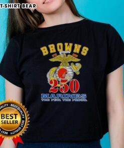 Alt Text: Premium Cleveland Browns X U.S.M.C 250th Birthday Celebration Ladies Tee featuring vibrant team colors and logo.