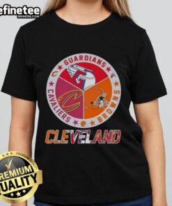 Premium Cleveland City Sports Guardians Browns Cavaliers logo ladies tee with stylish design for sports fans.