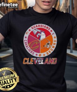 Premium Cleveland City Sports T-Shirt featuring Guardians, Browns, and Cavaliers logos in vibrant colors.