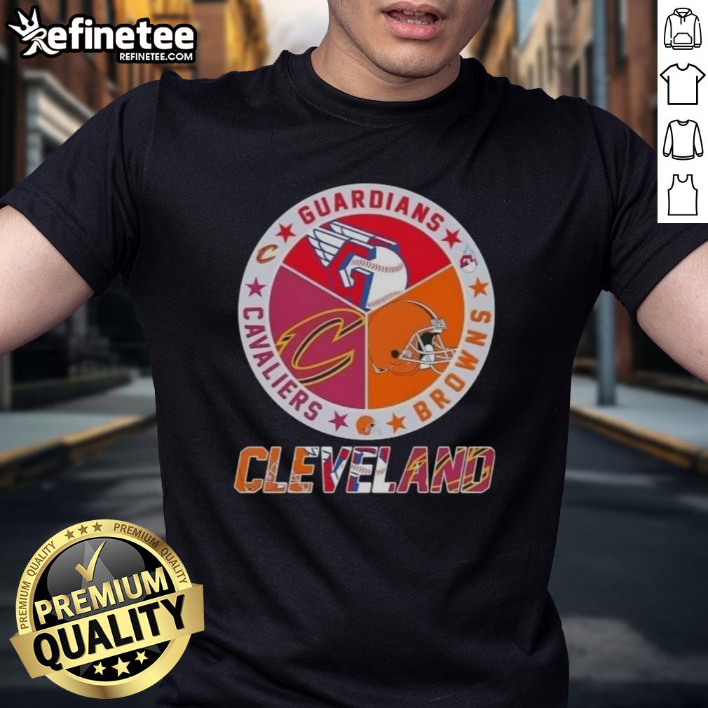 premium-cleveland-city-sports-guardians-browns-cavaliers-logo-t-shirt Premium Cleveland City Sports T-Shirt featuring Guardians, Browns, and Cavaliers logos in vibrant colors.