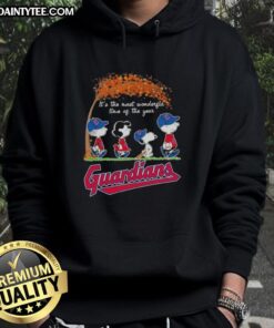 Alt Text: Premium Cleveland Guardians X Peanuts Snoopy and Friends autumn hoodie featuring festive design for the holiday season.