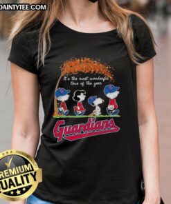 Premium Cleveland Guardians X Peanuts Snoopy and Friends autumn ladies tee featuring festive designs for the season.